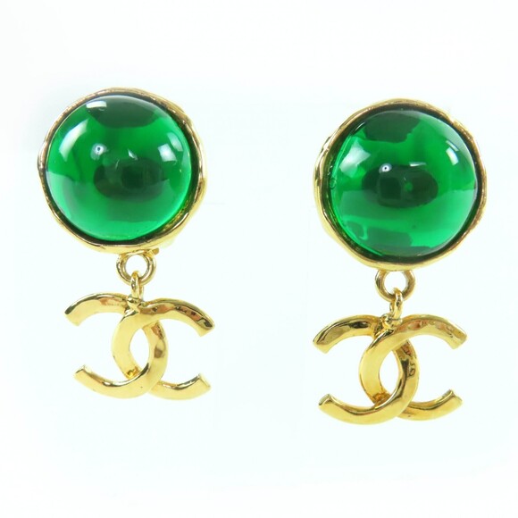 CHANEL Jewelry - CHANEL Vintage 95A Gripoix Coco Mark Swing Stone Earrings, Gold and Green, Ma...